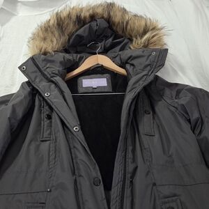 Madden Girl Black Puffer Jacket with Faux Fur Hood - Dark Grey